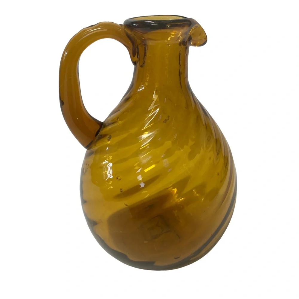 Small Vintage Handblown Swirl Amber Glass Jug Vase applied handle bubbles 4.5